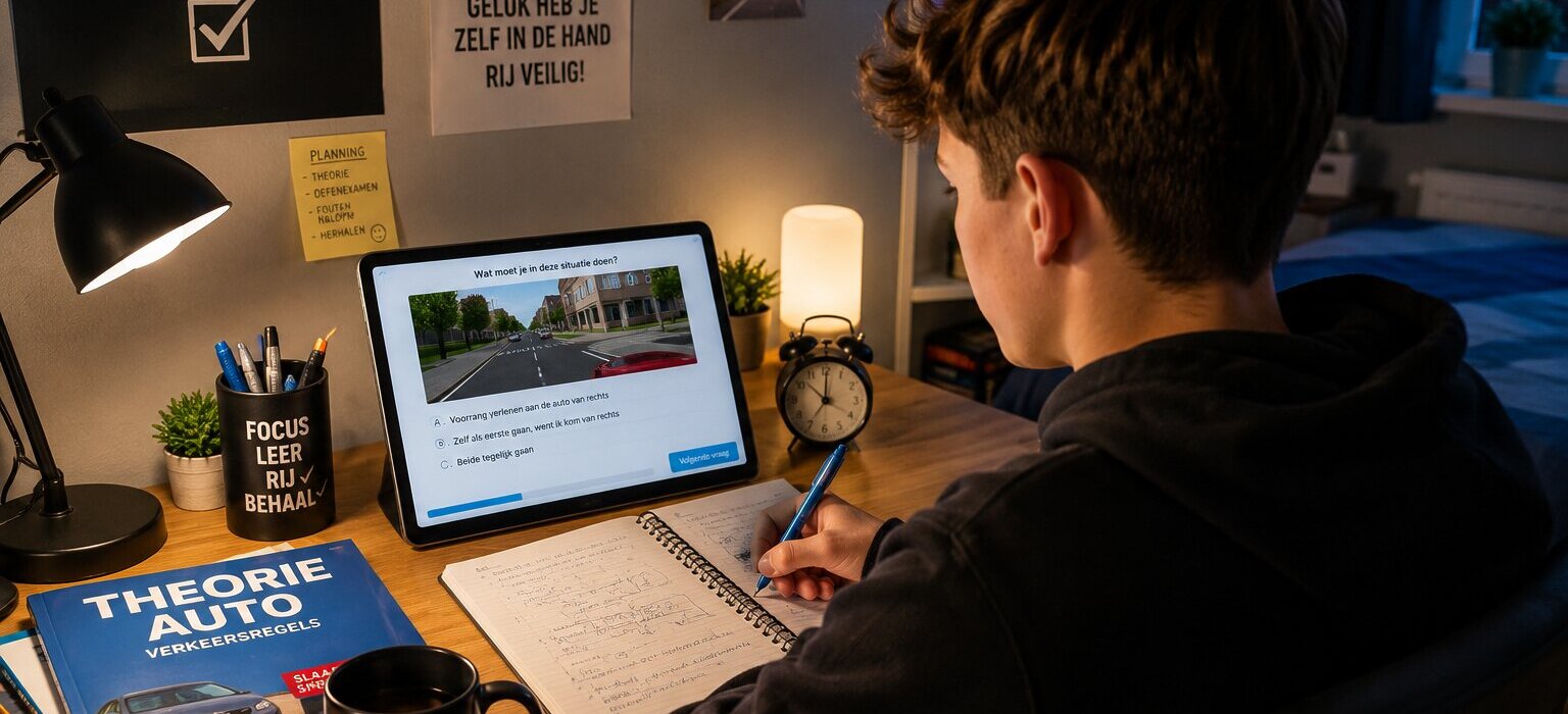Leerling leert voor het auto theorie-examen