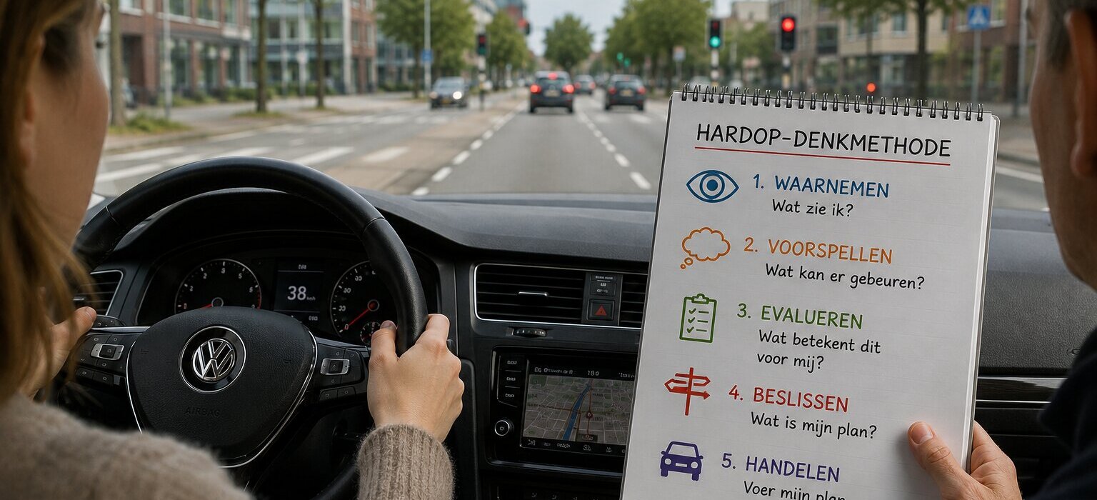 Leerling gebruikt de hardop-denkmethode tijdens rijles
