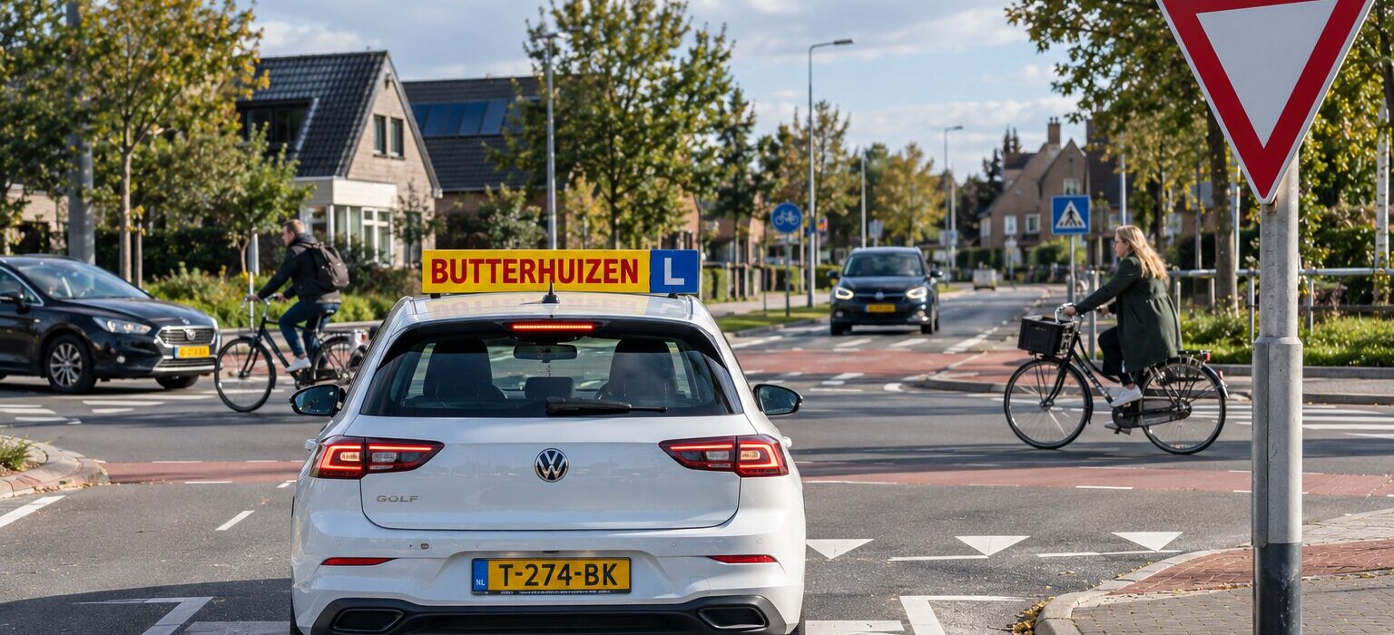 Leerling beoordeelt tijdens rijles een drukke Nederlandse verkeerssituatie met kruispunt, fietsers, voetgangers en verkeersborden