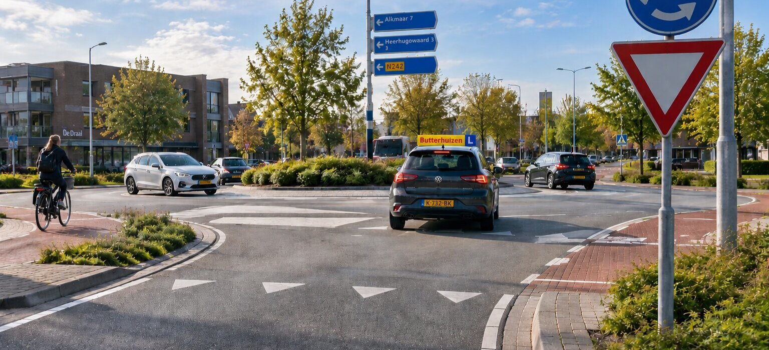 Leerling nadert tijdens rijles een Nederlandse rotonde met auto's, fietsers en voorrangsdriehoeken