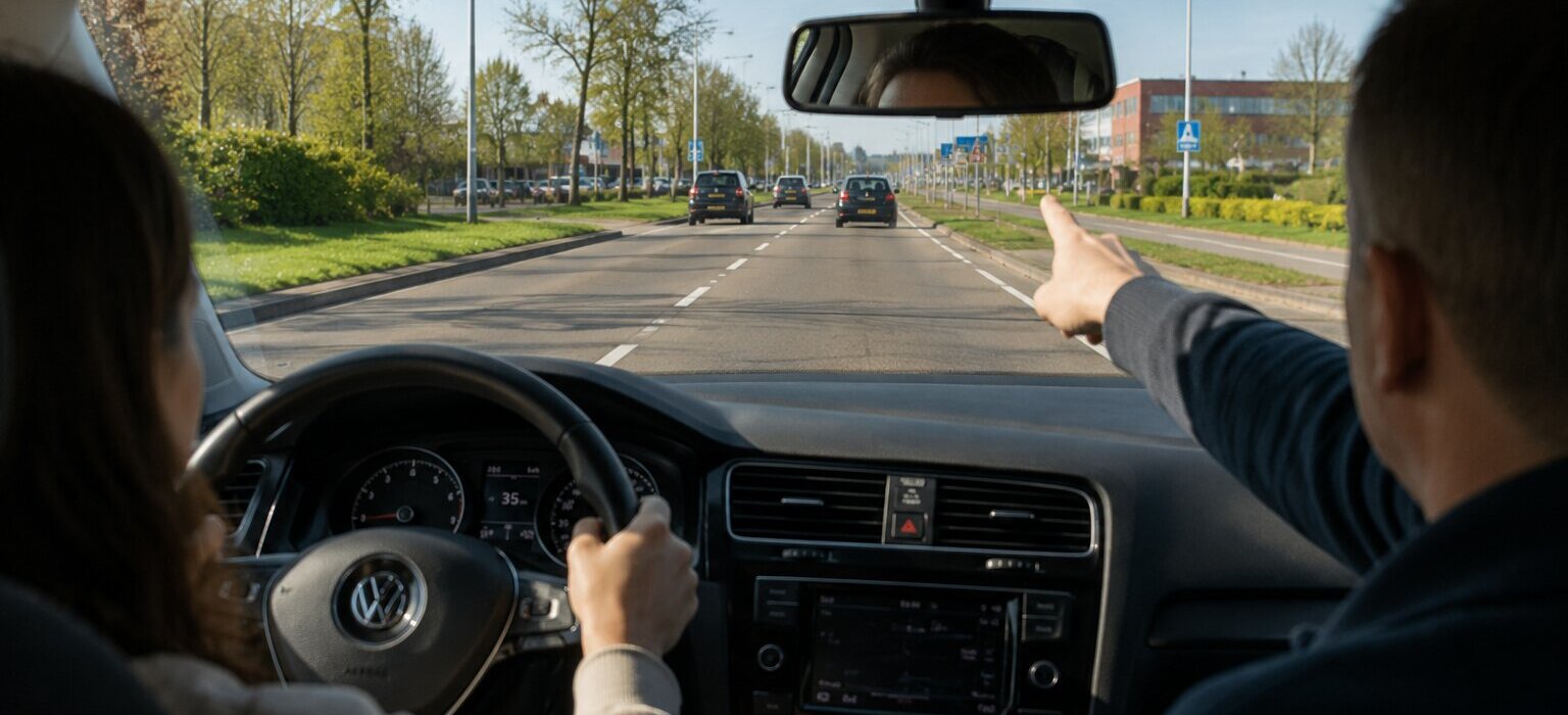Leerling oefent bewust kijken en kijktechniek tijdens autorijles