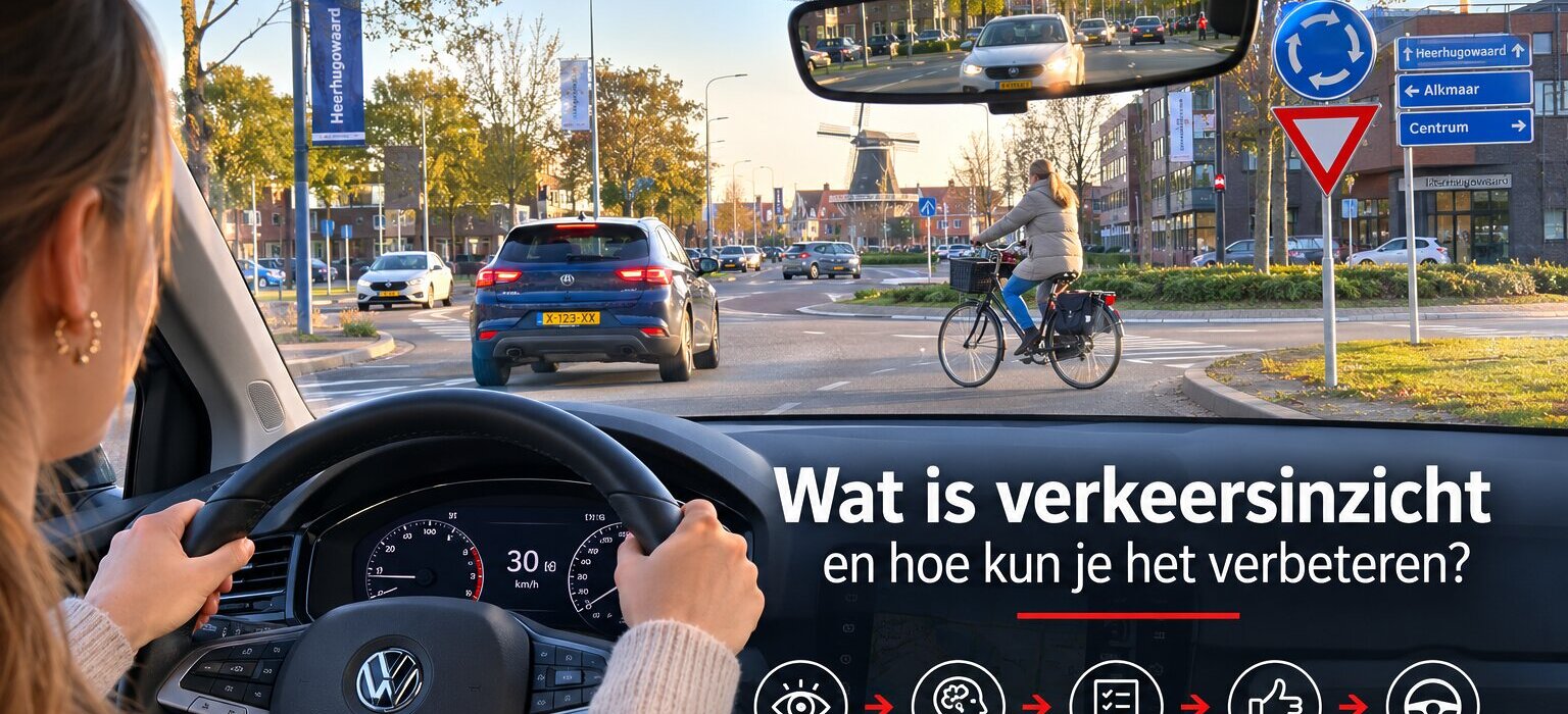 Leerling oefent verkeersinzicht tijdens rijles door bewust vooruit te kijken