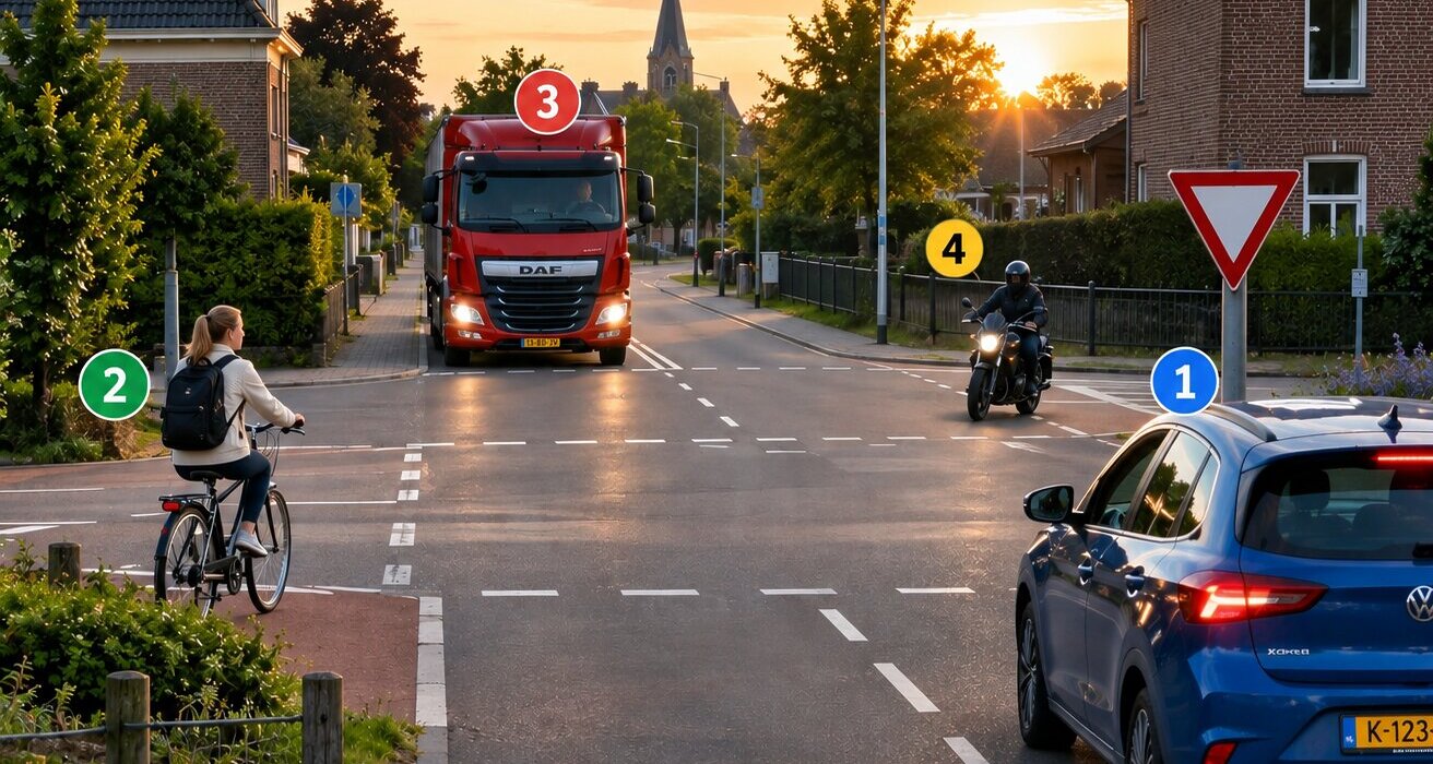 Leerling nadert tijdens rijles een gelijkwaardig kruispunt en beoordeelt bestuurders van rechts