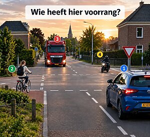 Leerling nadert tijdens rijles een gelijkwaardig kruispunt en beoordeelt bestuurders van rechts