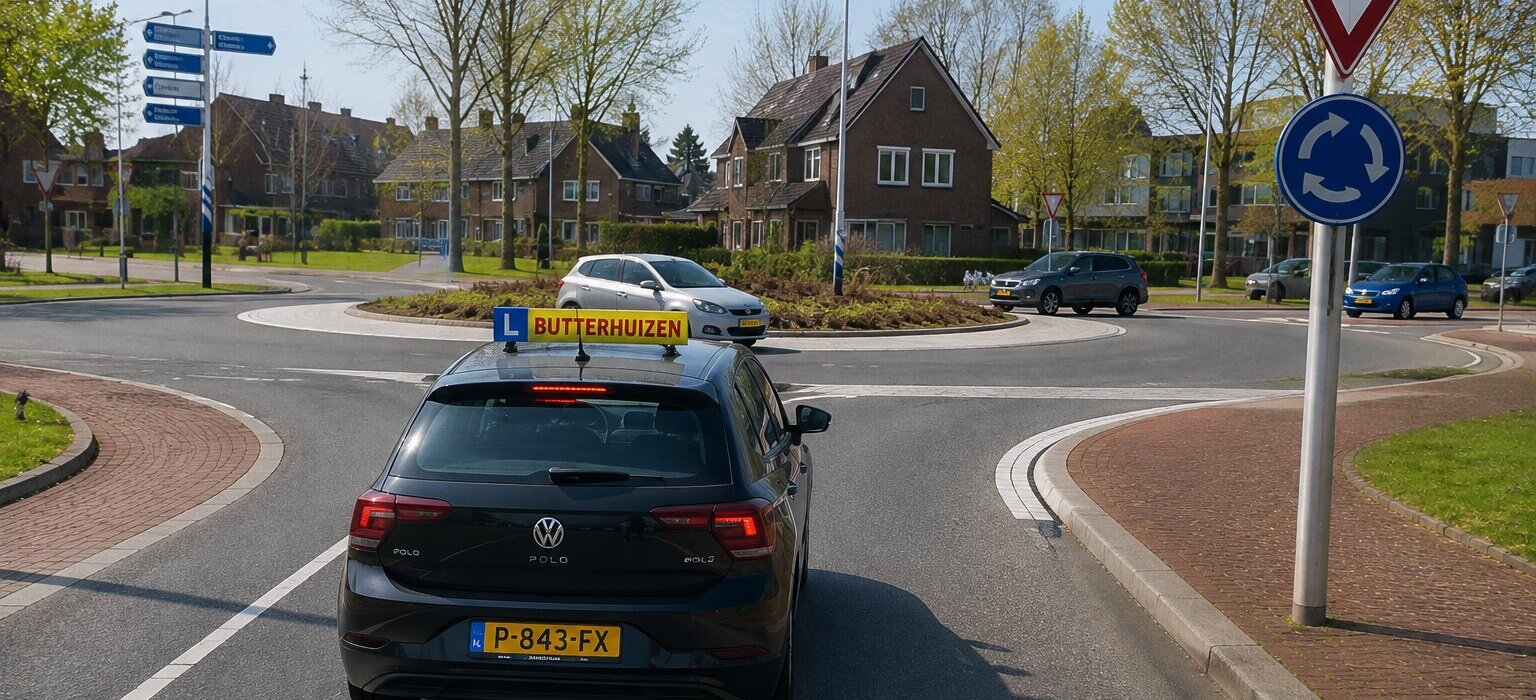Leerling past tijdens rijles snelheid aan een verkeerssituatie aan