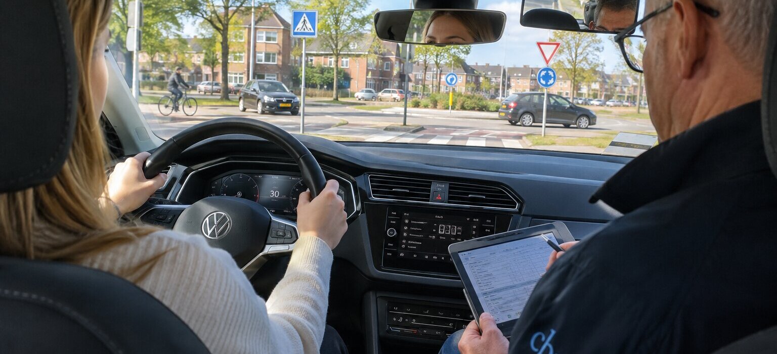Examinator beoordeelt leerling tijdens praktijkexamen auto