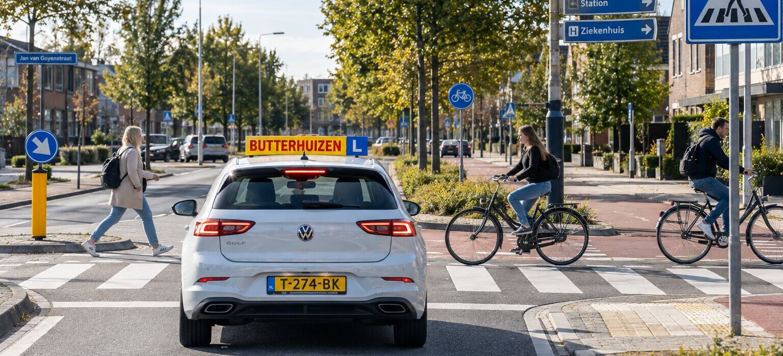 Lesauto houdt rekening met fietsers en voetgangers bij een Nederlandse verkeerssituatie