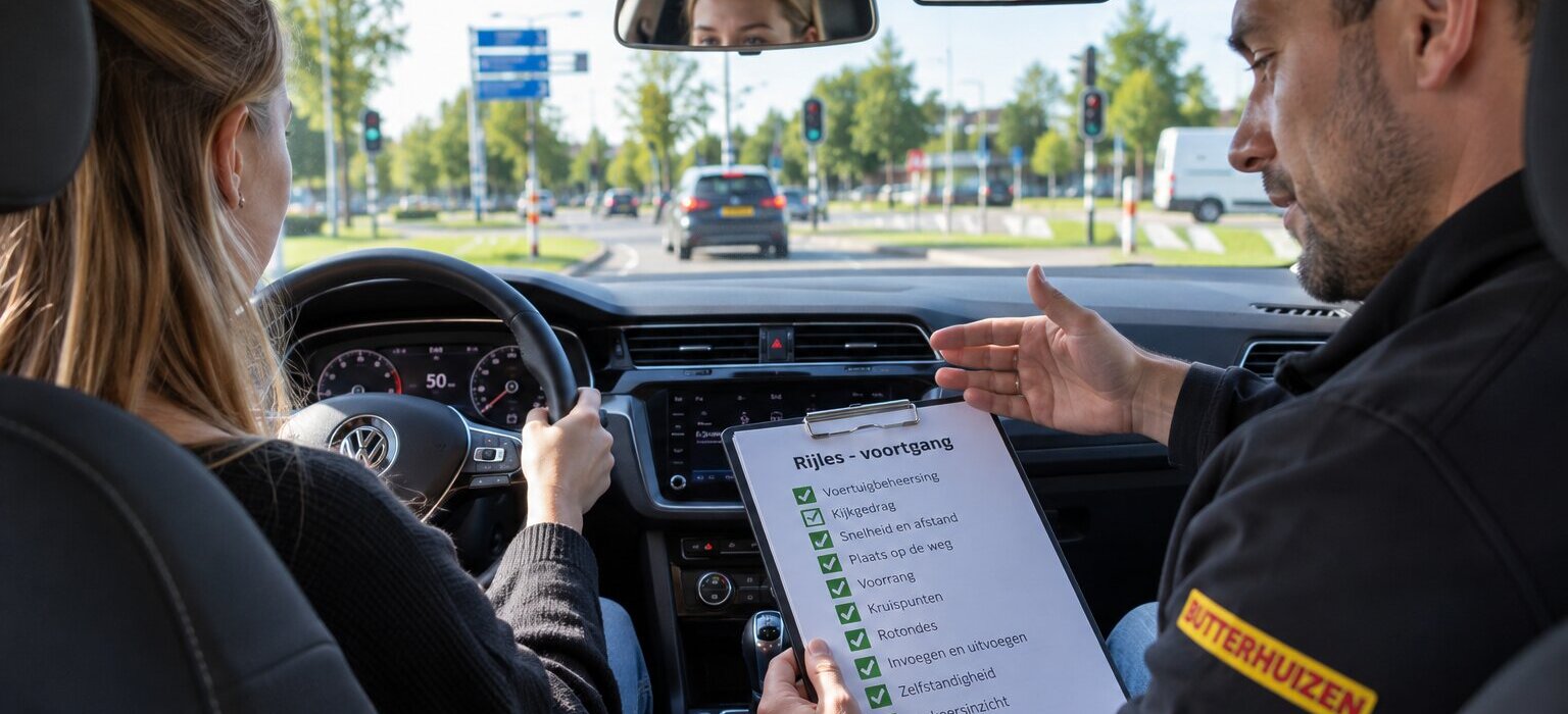 Rijinstructeur geeft leerling uitleg tijdens een autorijles