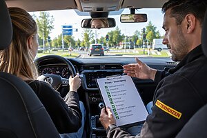 Rijinstructeur geeft leerling uitleg tijdens een autorijles
