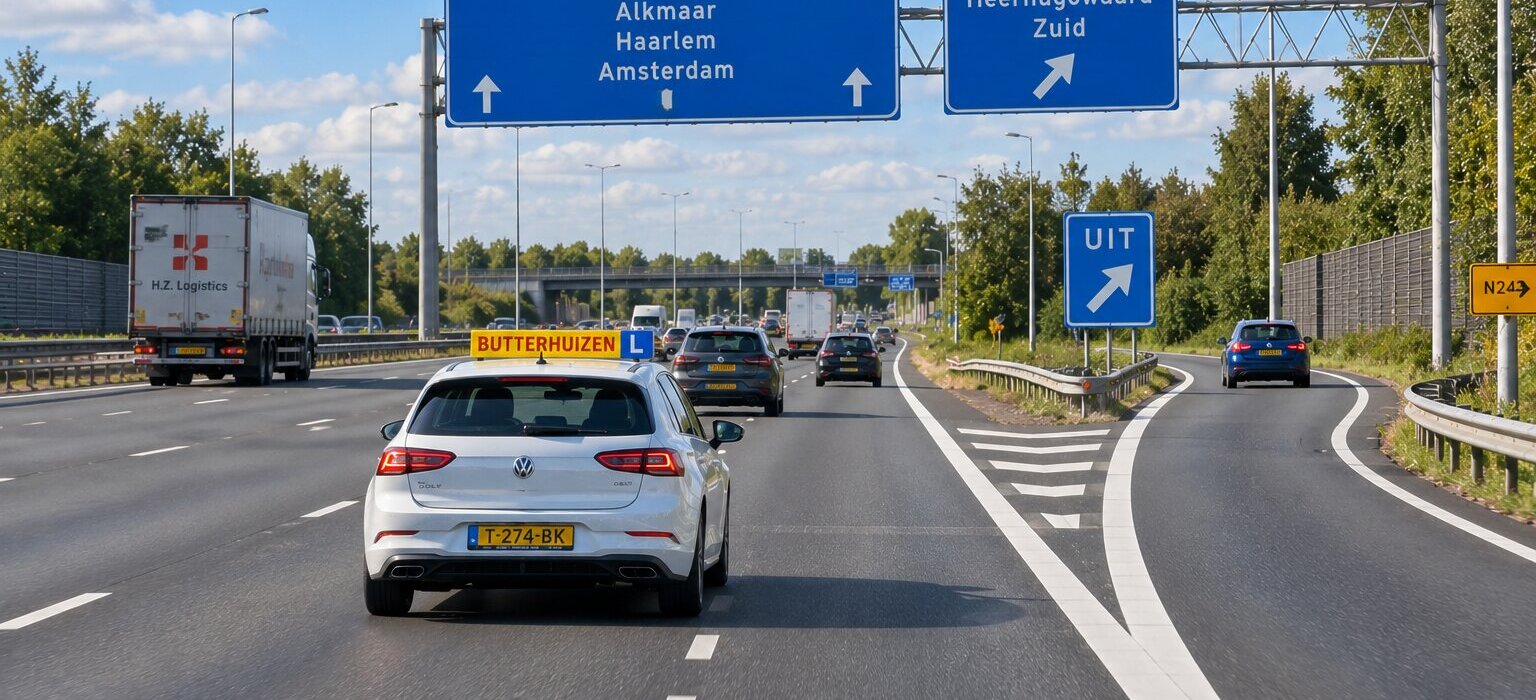 Leerling voegt tijdens rijles veilig in vanaf een invoegstrook op een Nederlandse snelweg